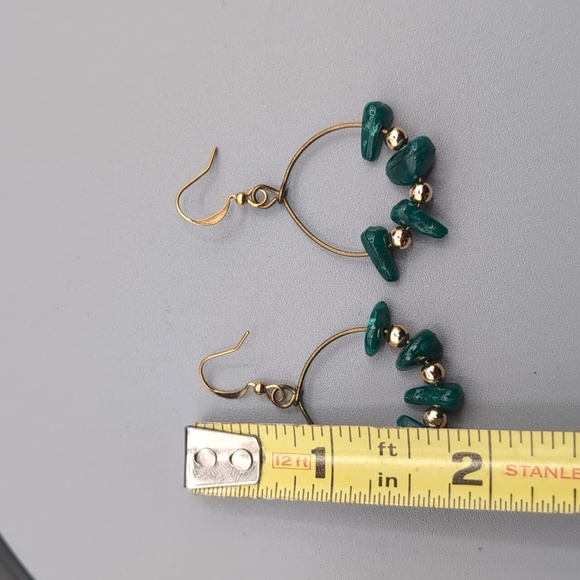 Gold Toned Hoop Drop Dangle Hook Earrings Gold Toned and Green Stone Like Beads - Picture 6 of 6